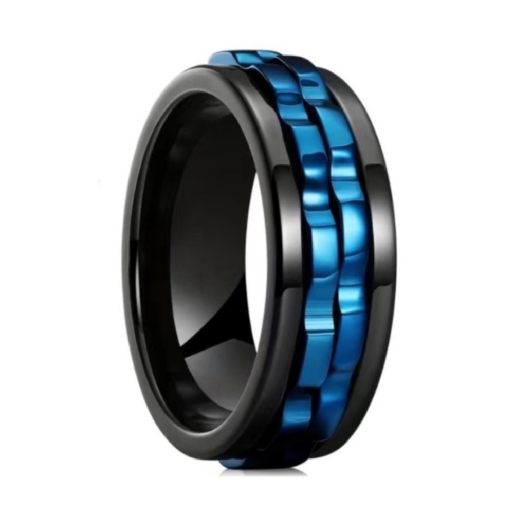 Black Blue Stainless Steel Gear Chain Fidget Spinner Ring
